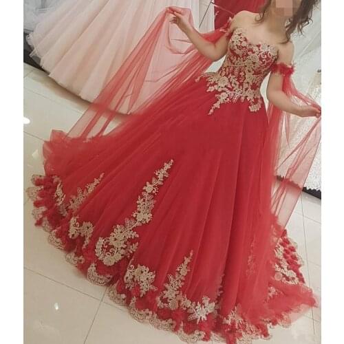 Arabic Red Tulle Sweetheart Gothic Wedding Dress 2020 Ball Gown Caftan Princess Gold Lace Applique Dubai Bride Dresses Plus Size