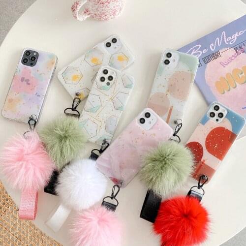 Epoxy Glitter Sequins Geometric Phone Case for iPhone 12 Mini 11 Pro XS Max X XR 8 Flower Plush Fur Ball Hand Holder Strap Cover