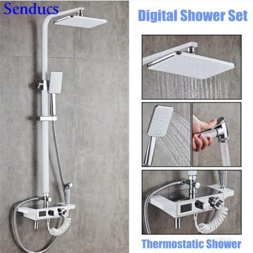 Senducs White Digital Shower Set Leadfree Brass Bathroom Mixer Tap Square Rod White Chrome Bathroom Shower System By Brass Bidet