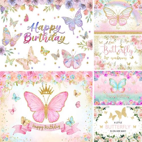 Color Butterfly Girl Custom Birthday Party Backdrops Gold Glitter Stars Watercolor Flowers Dessert Table Decorations Props