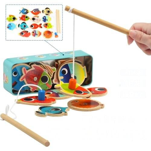 14 Fishes + 2 Fishing Rods Wooden Children Toys Fish Magnetic Play Fishing Game Iron Box Kids Educational Toy Boys Girl 103