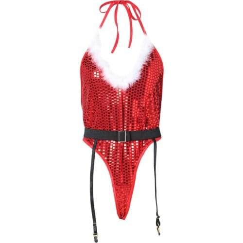 Women Christmas Themed Slim Teddies Bodysuit Deep V-neck Sleeveless Halter Sequined Jumpsuit One-piece with Waistband Babydolls