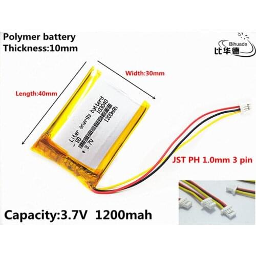 JST PH 1.0mm 3 pin Good Qulity 3.7V,1200mAH 103040 Polymer lithium ion / Li-ion battery for tablet pc BANK,GPS,mp3,mp4