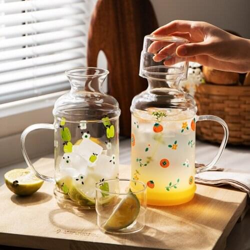 Creative Design Fruit Pattern Glass Water Bottle 1000ml Single Persons Water Cup Heat Resistant