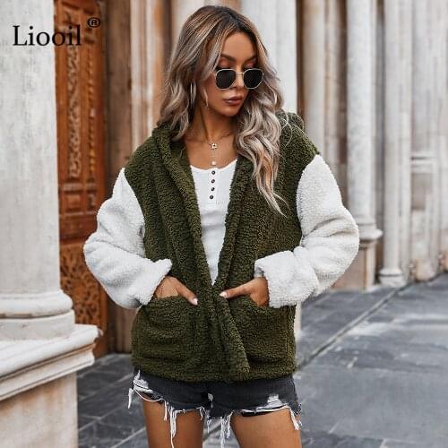 Liooil Casual Color Block Coat and Jacket Women 2020 Patchwork Hooded Long Sleeve with Button Pockets Womens Winter Warm Coats