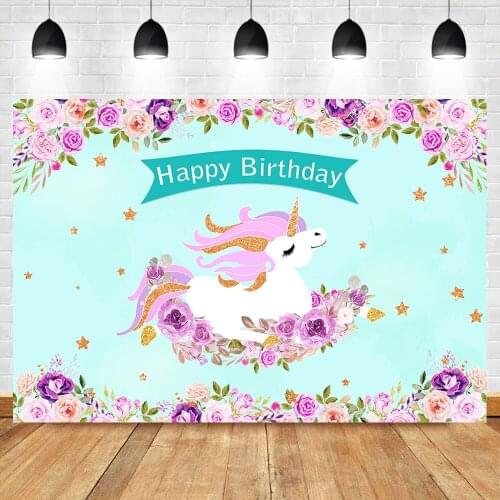 Neoback Photography Background Unicorn Birthday Party Photo Backdrops Pink Purple Flower Gold Star Blue Background Studio Photo