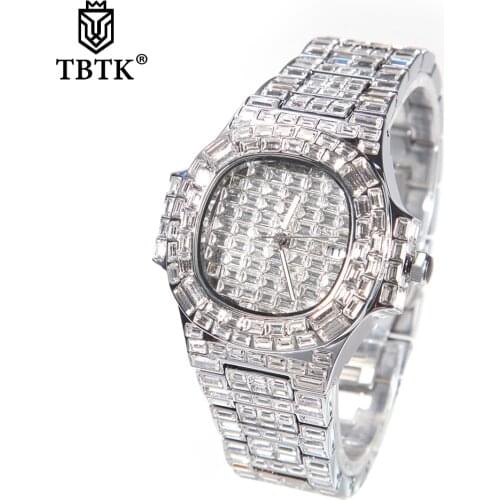 TBTK Iced Out Baguette Rhinestone Diamond Luxury Design Watch For Men Waterproof Stainless Steel Watch Clock Relogio