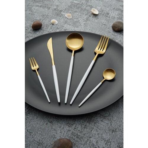 White Bellia Gold Stainless Steel 30 Piece set Fork Spoon Flatware set