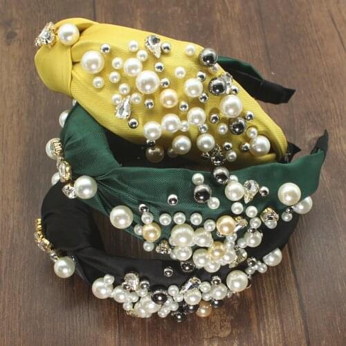New Fashion Women Hair Accessories Wide Side Headband Mix Pearls Crystal Baroque Hairband For Adult Center Knot Headwear