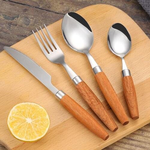 Dinner Fork Wooden Handle Dinnerware Stainless Steel Eco-friendly Corrosion Resistant Dessert Spoon Knife Fork Kitchen Tableware