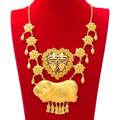 Exquisite Animal Pig Pendant Necklace with Dragon & Phoniex 14K Gold O-Chain Bride Womens Wedding Jewelry New Year Gifts Female