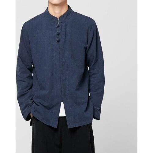 2021 Linen Shirts Men Clothing Chinese Style Long Sleeve Retro Button Shirt Solid Color Tang Suit Loose Plus Size Tops KK3510