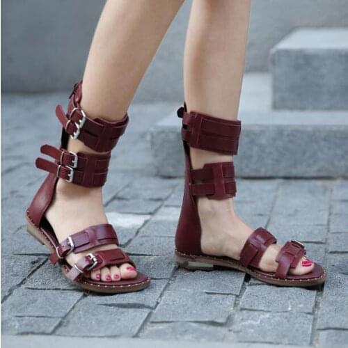 All-match Flat Sandals Women Summer Gurgundy/Black/Yellow Rome A Word Buckles Woman Retro Strap Buckle Short Cool Boots Lady