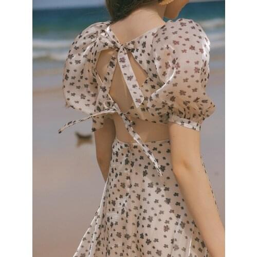 Vintage Summer DressWomen Elegant Chiffon Boho Retro Bohemian Sexy Backless Beach Casual Loose Vacation Floral Long Dress