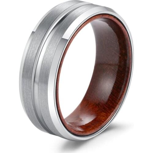 POYA Tungsten Ring for Men 8 mm Beveled Edges Matte Wedding Band Rosewood Liner Comfort Fit