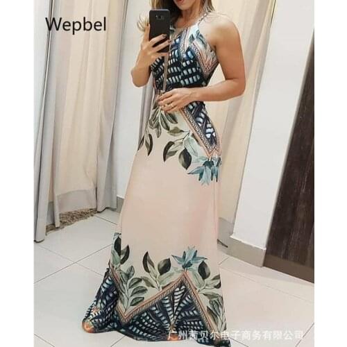 Wepbel Long Party Dress Women Summer Dress Sleeve Slim Fit Floral Printed O-neck A-line High Waist Dress