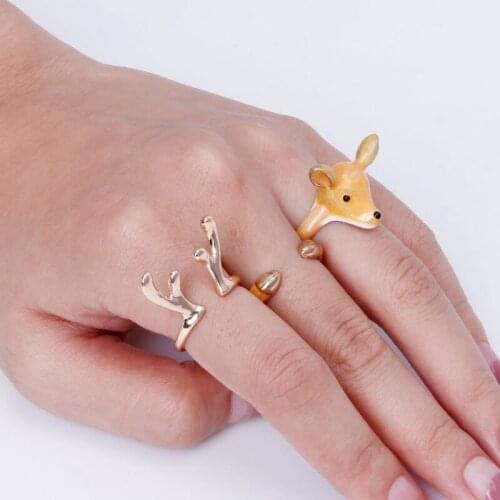 3PCS Stack Enamel Squirrel Elk Swan Animal Ring For Women Open Cuff Rings Set