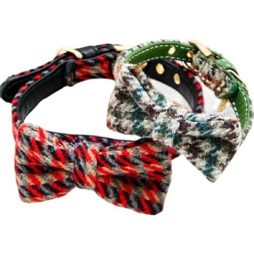 Free Shipping Soft Pu+Wool British Style Lattice Pattern Bow Tie Small Dog Collar Pet Yorkie Poodle Maltese
