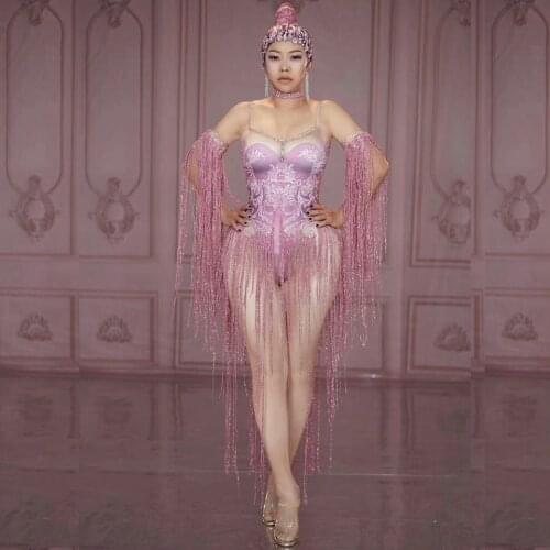 Shining Fringes Rhinestone Jumpsuit Female Singer DJ Sexy nightclub Stage bodysuit Show Performance Dance Costume Tassel Leotard