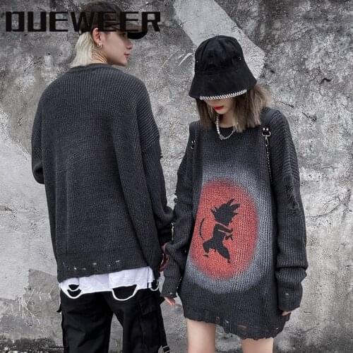 Dueweer Black Ripped Sweaters Harajuku Japanese Cartoon Knit Pullover Fashionable Men Women Long-sleeve Sweater Hip Hop