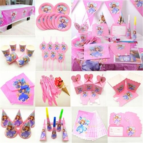 Kids Birthday Sofia Princess Party Supplies Decoration Tablecloth Cup Plate Straw Napkin Gift Bag Candles Candy Popcorn Box Card