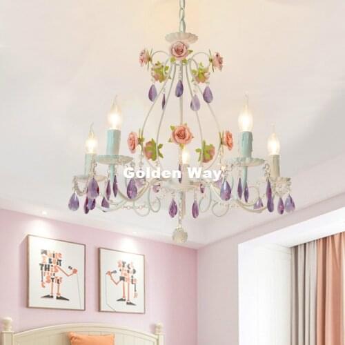European White Pink Rose Style Chandelier Light Purple Crystals Pendant Lamp Indoor Iron Crystal Chandelier Dining Room Lighting