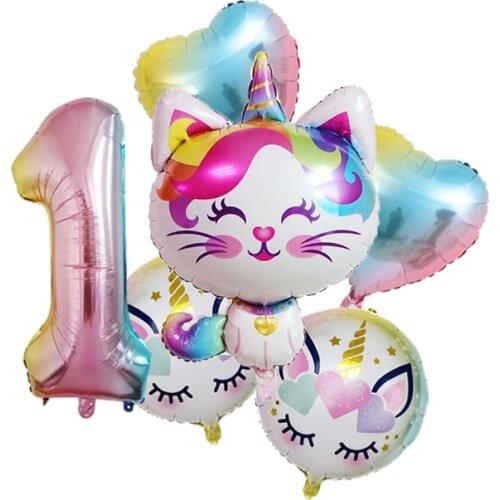 1set Rainbow Unicorn Cat Foil Balloon 32inch Gradient Color Number Balloon Wedding Baby Shower Kids Birthday Party Decoration