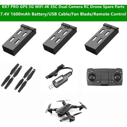 KK7 PRO GPS 4K RC Drone Spare Part 7.4V 1600mAh Battery/USB Cable/Fan Blade/Remote Control For KK7 PRO Remote Control Quadcopter