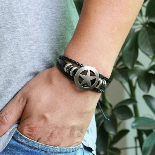 Retro Style Five-Star Leather Bracelet Simplicity Casual Multi-Layer Beaded Mens Hand Rope Student Jewelry