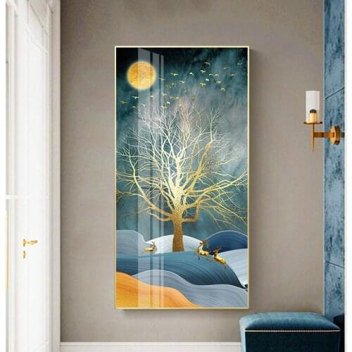 Creative landscape golden deer moon tree deer Modern decorative Picture Canvas Wall Art Poster for hotel room Porch office decor