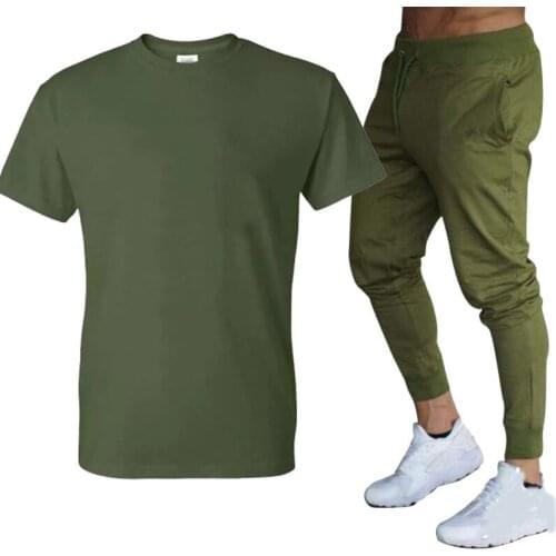 Summer fashion casual mens track suit beach sportswear sportswear short-sleeved T-shirt 2-piece set + long pants large size