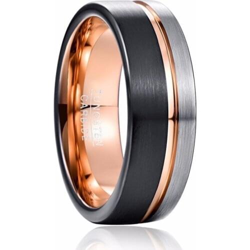 Men 8mm Tungsten Ring Black Rose Gold Color Line Wedding Band Engagement Ring Mens Party Jewelry Bague Homme