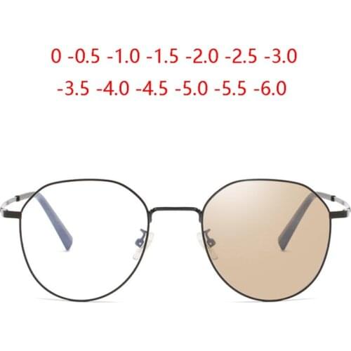 Sun Photochromic Pink/Gray/Tea Polygon Nearsighted Glasses Women Men Metal Prescription Eyeglasses 0 -0.5 -1.0-1.5 To -6.0