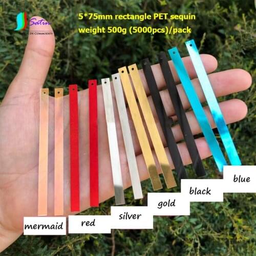 PET Environmental 5*75mm Gold Silver Red Black Blue Mermaid Tassel Show Clothes Rectangle Long 1-Hole Wedding Sequins A0182L