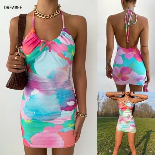 Beach Dress Maid Mini Night Women Sukienka Zbiornika Floral Pink Backless Bandage Vestido Tanque Vestidos De Noche African