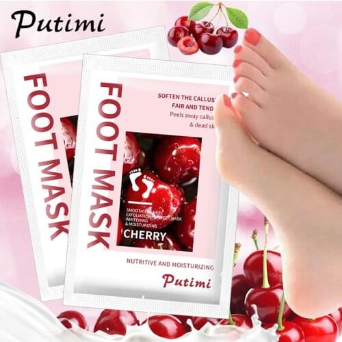 PUTIMI 30packs Cherry Foot Peeling Mask Exfoliating Pedicure Socks Remove Dead Skin Foot Peeling Nourishing Foot Mask for Legs