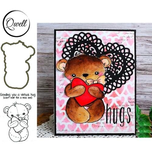 QWELL Bear Heart Hug Metal Cutting Dies With Clear Stamps Warm Sentences DIY Scrapbooking Craft Card Making Template 2020 New