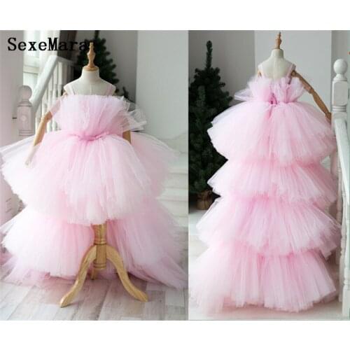 Pink High Low Ruffles Pageant Dresses For Girls Real Picture Tiered Tulle Kids Flower Girl Dress Birthday Party Gown