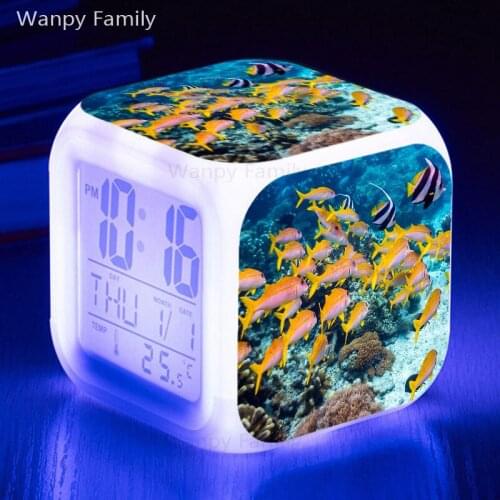 Sea World Fish LED Alarm Clock 7 Color Glowing Digital Alarm Clock For Kids Gift Multifunction Flash Touch Watches Clock