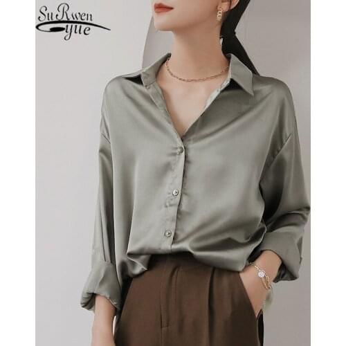 2021 Spring Autumn New Long Sleeve Solid Color Womens Shirts Satin Silk Singel Breasted Blouse Women Korean Fashion Tops 11425