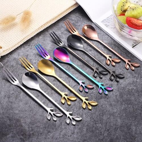 1 Colors Stainless Steel Leaves Spoon Fork Spoon Coffee Tea Spoons Creative Ice Cream Tools Tableware Kitchen Gadgets Home Decor