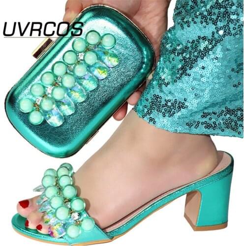 Green New Arrival Italian Ladies Shoes and Bag To Match Set Decorated with Rhinestone Slippers Flexible Italy Set Bag and Shoes