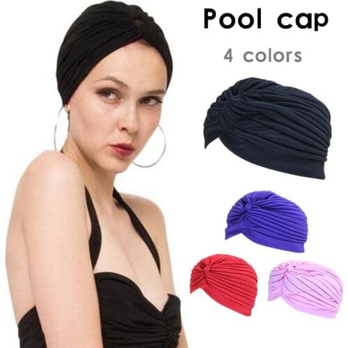 Women Swimming Cap Swim Pool Bathing Adjustabl Hat Protect Long Hair Ears Turban Pleated Fabric Headwear Yoga Caps Multi Colors