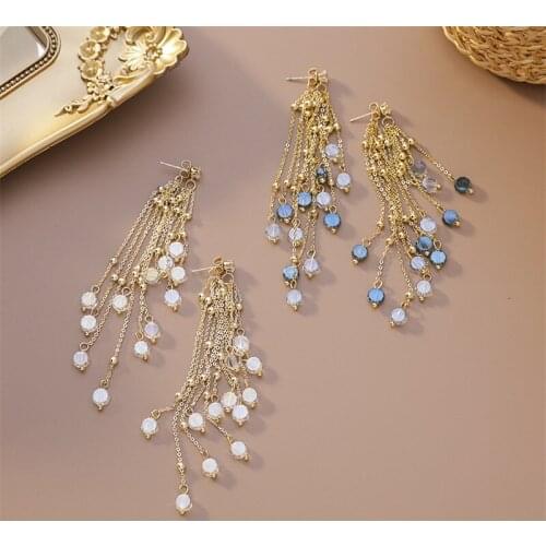 Korean Crystal Geometric Long Tassel Bead Drop Earrings For Women Personality Line Dangle Earrings Jewelry Gift