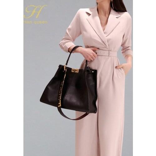 H Han Queen Elegant Belted Waist Business Jumpsuits Women 2019 New Notched Neck Wide Leg Long Playsuits Casual Work Wear Rompers