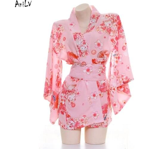 AniLV Japanese Anime Cherry Pink Kimono Bathrobe Costume JK Girl Student Natsu matsuri Kimono Uniform Cosplay