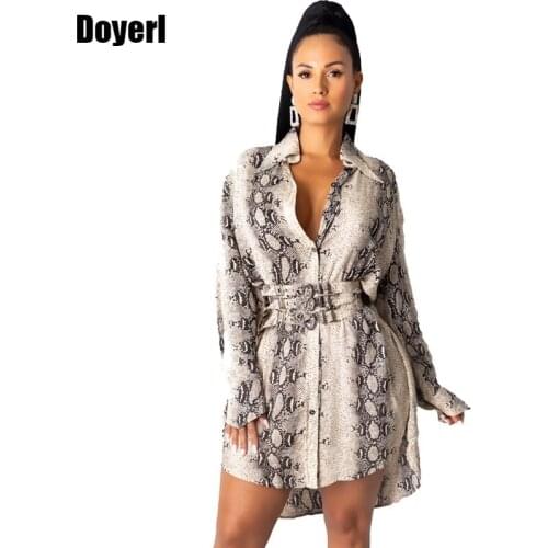 Snake Print Long Sleeve Shirt Dress Women Fall Office Short Mini Shirt Dress Button Turn Down Collar Elegant Casual Autumn Dress
