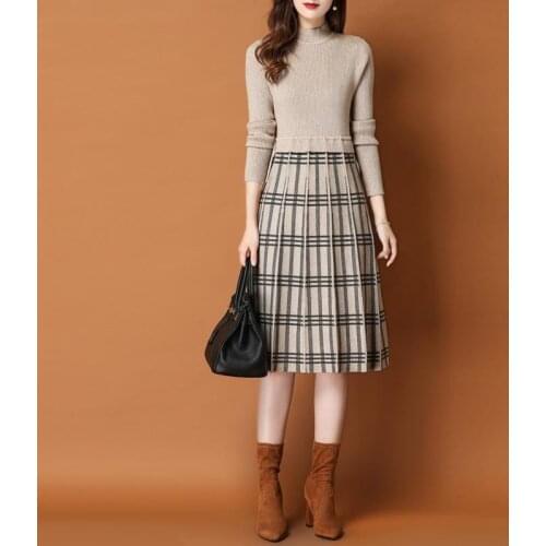 New Autumn Winter Knitted Dress Women O-neck Long Sleeve A-line Simple Elegant Office Work Midi Sweater Dress Casual Knit Dress