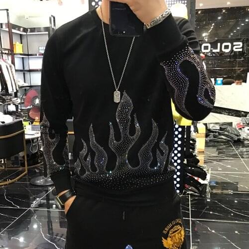 100%real luxury mens black rhinestone beading warm T shirt club/stage performance/studio/Asia size/this is only Tshirt