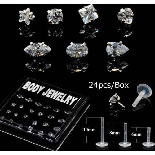 Showlove-24Pcs/Box Surgical Steel Bioplast Different Zircon Labret Ear Tragus Cartilage Earring Lip Ring Piercing Body Jewelry